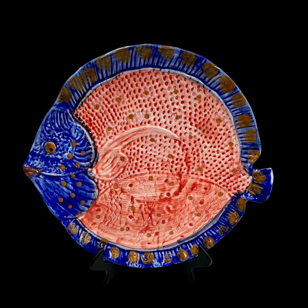 Italica ARS Hand Painted Coral & Blue Flounder Decorative Plate Tray Platter